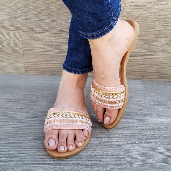 Pink Fabric Jeweled  Accents Sandal Sliders-C - Picture 4 of 7